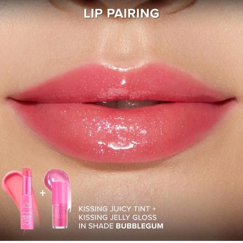 Too Faced BUNDLE Kissing Jelly Gloss Juicy Lip Oil & Juicy Tint in Bubblegum